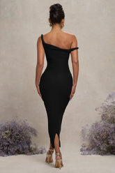 Black Twisted Asymmetric Maternity Midi Dress